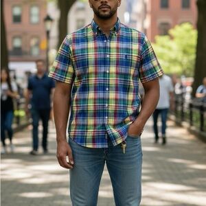 RALPH LAUREN BLUE & YELLOW CLASSIC FIT
CASUAL BUTTON DOWN SHIRT VINTAGE